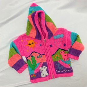 Handmade Colorful Knitted Girl's Zip Up Hoodie w/ Animals Size 18-24 Months